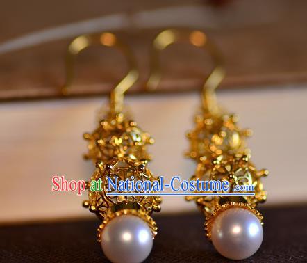 Chinese Ancient Princess Filigree Golden Gourd Ear Jewelry Traditional Ming Dynasty Pearl Earrings Accessories