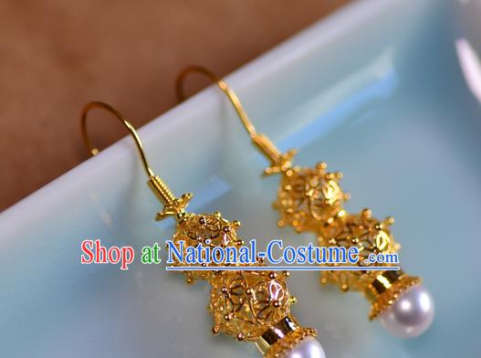 Chinese Ancient Princess Filigree Golden Gourd Ear Jewelry Traditional Ming Dynasty Pearl Earrings Accessories