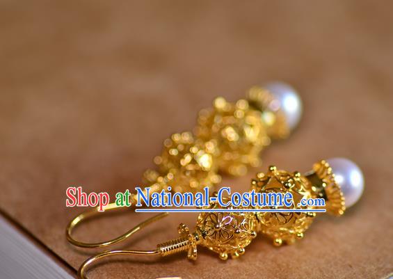 Chinese Ancient Princess Filigree Golden Gourd Ear Jewelry Traditional Ming Dynasty Pearl Earrings Accessories