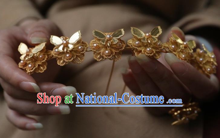 Chinese Traditional Court Pearls Hairpin Hanfu Hair Accessories Ancient Ming Dynasty Empress Golden Butterfly Hair Crown