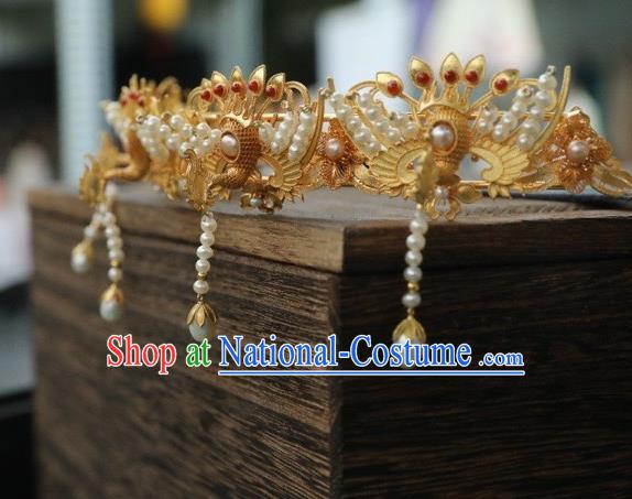 Chinese Traditional Pearls Tassel Hairpin Hanfu Hair Accessories Ancient Ming Dynasty Empress Golden Phoenix Hair Crown