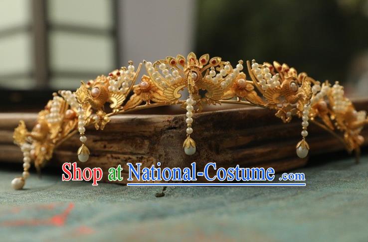 Chinese Traditional Pearls Tassel Hairpin Hanfu Hair Accessories Ancient Ming Dynasty Empress Golden Phoenix Hair Crown