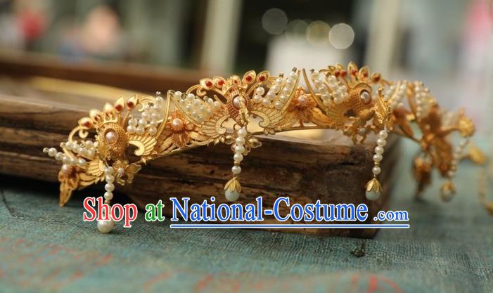 Chinese Traditional Pearls Tassel Hairpin Hanfu Hair Accessories Ancient Ming Dynasty Empress Golden Phoenix Hair Crown