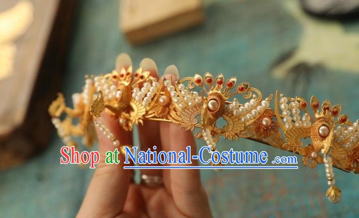 Chinese Traditional Pearls Tassel Hairpin Hanfu Hair Accessories Ancient Ming Dynasty Empress Golden Phoenix Hair Crown