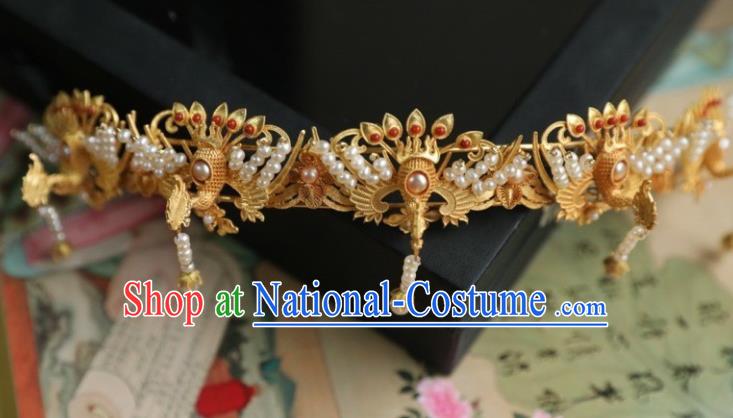 Chinese Traditional Pearls Tassel Hairpin Hanfu Hair Accessories Ancient Ming Dynasty Empress Golden Phoenix Hair Crown