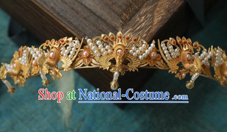 Chinese Traditional Pearls Tassel Hairpin Hanfu Hair Accessories Ancient Ming Dynasty Empress Golden Phoenix Hair Crown