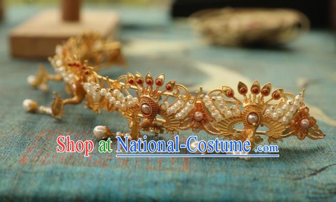 Chinese Traditional Pearls Tassel Hairpin Hanfu Hair Accessories Ancient Ming Dynasty Empress Golden Phoenix Hair Crown