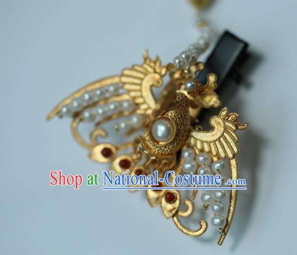 Chinese Traditional Pearls Hairpin Hanfu Hair Accessories Ancient Ming Dynasty Empress Golden Phoenix Hair Stick