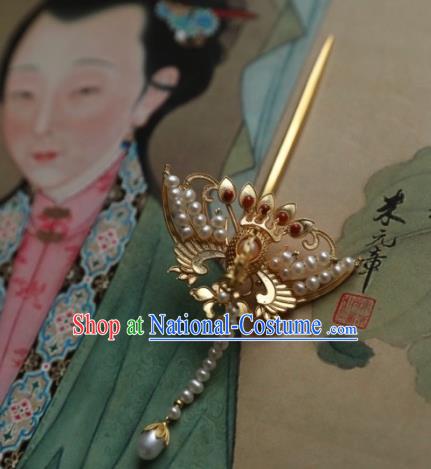 Chinese Traditional Pearls Tassel Phoenix Hairpin Hanfu Hair Accessories Ancient Ming Dynasty Empress Golden Hair Stick