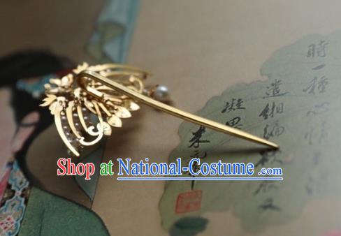 Chinese Traditional Pearls Tassel Phoenix Hairpin Hanfu Hair Accessories Ancient Ming Dynasty Empress Golden Hair Stick