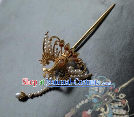 Chinese Traditional Pearls Tassel Phoenix Hairpin Hanfu Hair Accessories Ancient Ming Dynasty Empress Golden Hair Stick