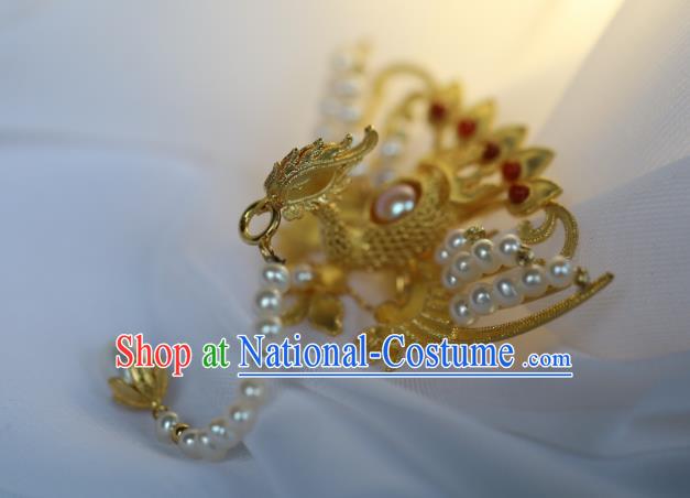 Chinese Traditional Pearls Tassel Phoenix Hairpin Hanfu Hair Accessories Ancient Ming Dynasty Empress Golden Hair Stick