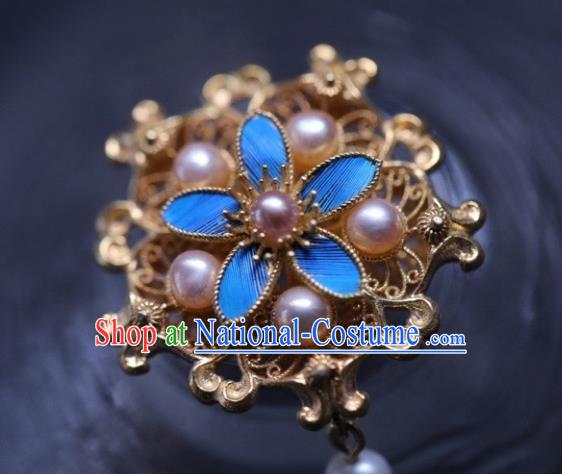 Chinese Traditional Ming Dynasty Pearls Earrings Accessories Ancient Empress Cloisonne Flower Ear Jewelry