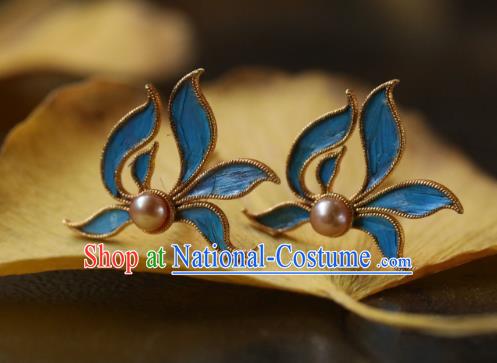 Chinese Traditional Ming Dynasty Silver Earrings Accessories Ancient Empress Cloisonne Orchid Ear Jewelry