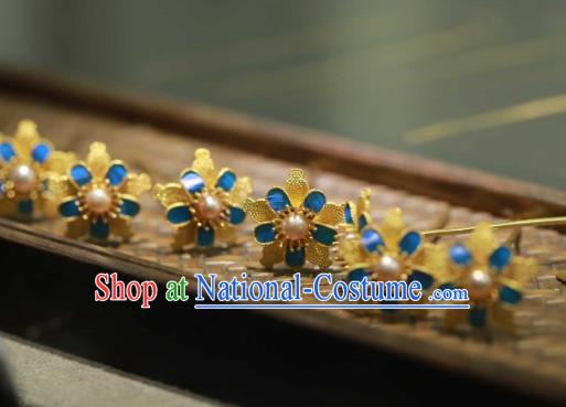 Chinese Traditional Pearl Hairpin Hanfu Hair Accessories Ancient Ming Dynasty Empress Golden Plum Hair Stick