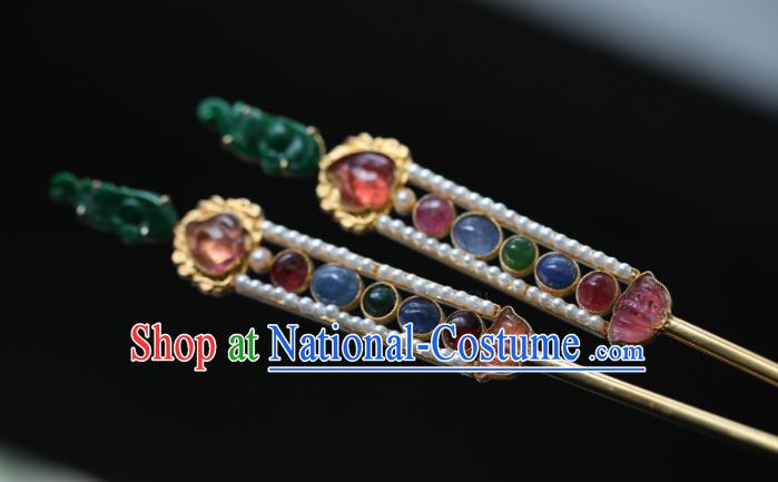 Chinese Traditional Gems Hairpin Hanfu Hair Accessories Ancient Qing Dynasty Empress Jade Pearls Hair Stick