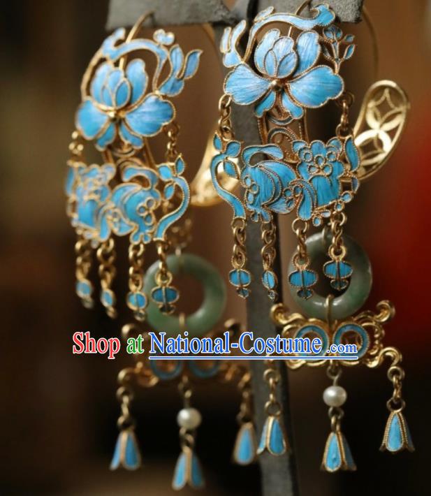 Chinese Ancient Empress Jade Ear Jewelry Traditional Qing Dynasty Cloisonne Earrings Accessories