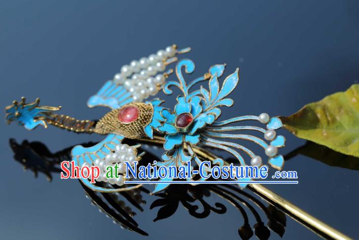 Chinese Hanfu Hair Accessories Ancient Ming Dynasty Empress Cloisonne Phoenix Hair Stick Traditional Court Tassel Hairpin