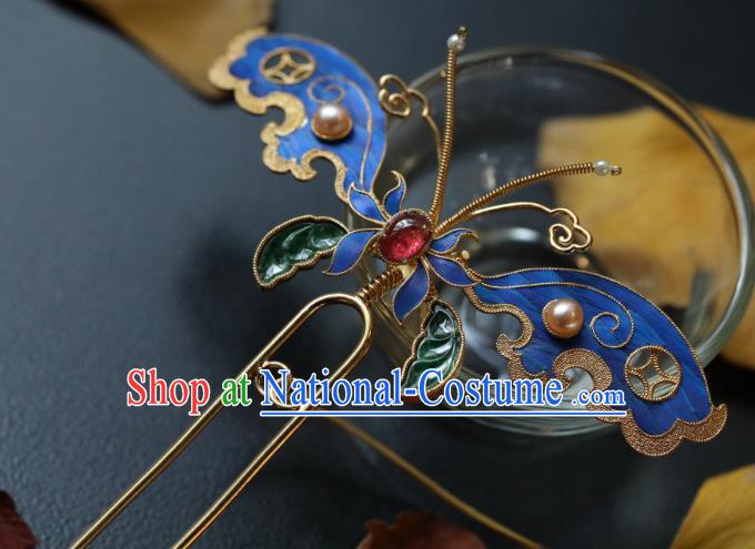 Chinese Handmade Hair Accessories Ancient Ming Dynasty Empress Cloisonne Butterfly Hair Stick Traditional Court Jade Hairpin