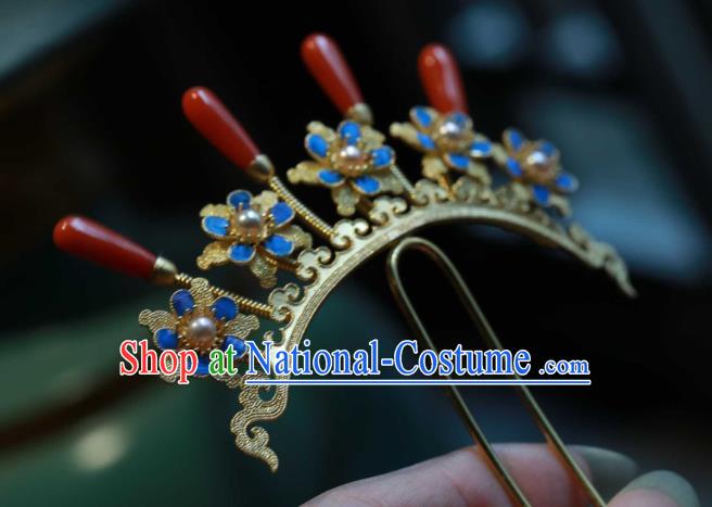 Chinese Ancient Ming Dynasty Empress Agate Pearls Hair Stick Handmade Hair Accessories Traditional Court Cloisonne Plum Blossom Hairpin