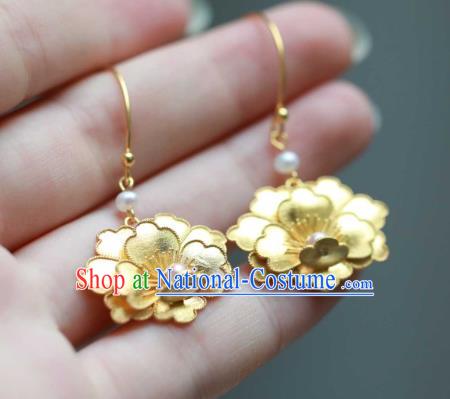 Chinese Traditional Ming Dynasty Golden Peony Earrings Accessories Ancient Empress Pearls Ear Jewelry