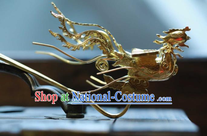 Chinese Ancient Empress Golden Phoenix Hair Stick Handmade Hair Accessories Traditional Court Hairpin