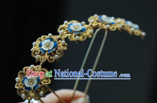 Chinese Traditional Blueing Plum Blossom Hairpin Ancient Qing Dynasty Hair Stick Handmade Hair Accessories