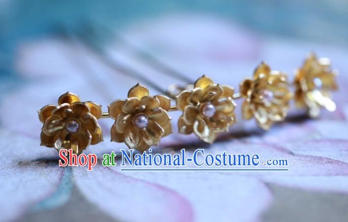 Chinese Traditional Ming Dynasty Pearls Hair Stick Handmade Hair Accessories Ancient Empress Golden Lotus Hairpin