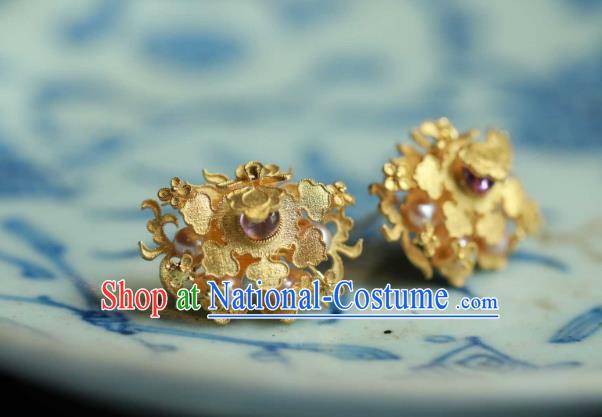 Chinese Traditional Ming Dynasty Pearls Golden Earrings Accessories Ancient Empress Tourmaline Ear Jewelry