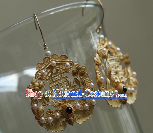 Chinese Ancient Ming Dynasty Empress Pearls Ear Jewelry Traditional Wedding Golden Phoenix Earrings Accessories