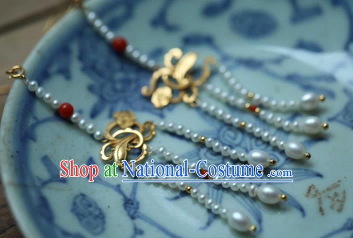 Chinese Traditional Court Golden Cloud Earrings Accessories Ancient Ming Dynasty Pearls Tassel Ear Jewelry