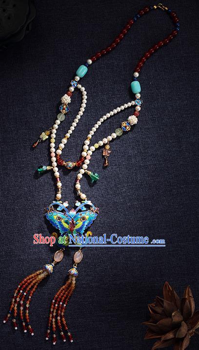 China Traditional Blueing Butterfly Necklace Jewelry Accessories Ming Dynasty Beads Tassel Necklet Pendant