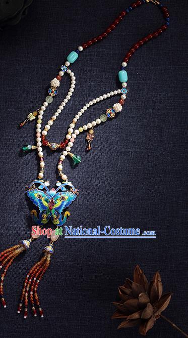 China Traditional Blueing Butterfly Necklace Jewelry Accessories Ming Dynasty Beads Tassel Necklet Pendant