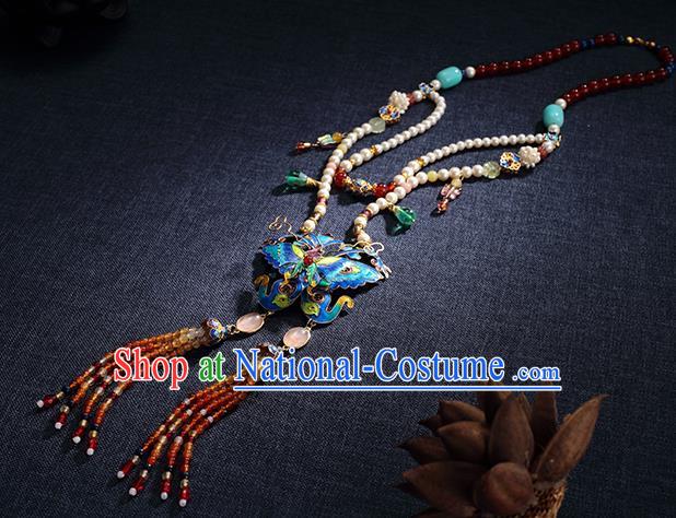 China Traditional Blueing Butterfly Necklace Jewelry Accessories Ming Dynasty Beads Tassel Necklet Pendant