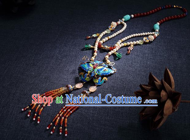 China Traditional Blueing Butterfly Necklace Jewelry Accessories Ming Dynasty Beads Tassel Necklet Pendant