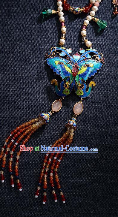 China Traditional Blueing Butterfly Necklace Jewelry Accessories Ming Dynasty Beads Tassel Necklet Pendant