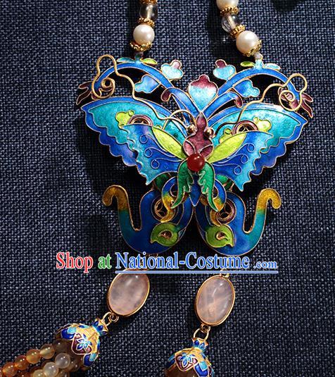 China Traditional Blueing Butterfly Necklace Jewelry Accessories Ming Dynasty Beads Tassel Necklet Pendant