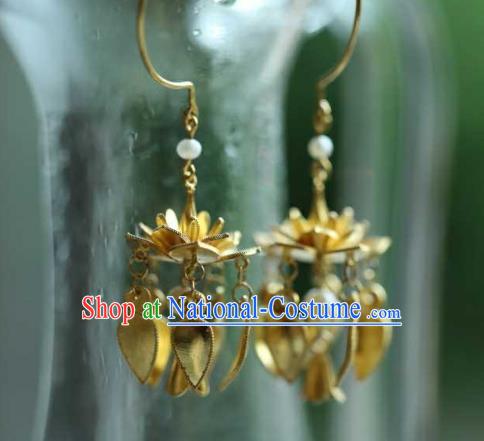 Chinese Traditional Ming Dynasty Tassel Earrings Accessories Ancient Empress Golden Lotus Ear Jewelry