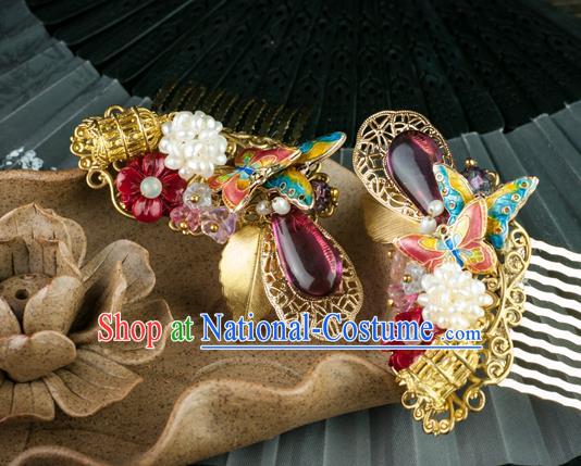 Chinese Ancient Princess Cloisonne Butterfly Hair Comb Traditional Ming Dynasty Palace Lady Pearls Hairpin