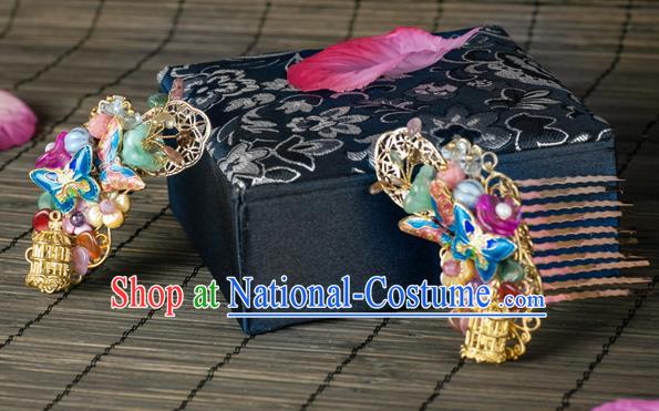 Chinese Ancient Palace Lady Cloisonne Butterfly Hair Comb Traditional Ming Dynasty Golden Hairpin