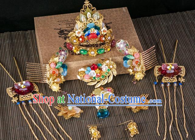 Chinese Ancient Court Empress Hair Accessories Traditional Ming Dynasty Jade Hair Crown and Hairpins Complete Set