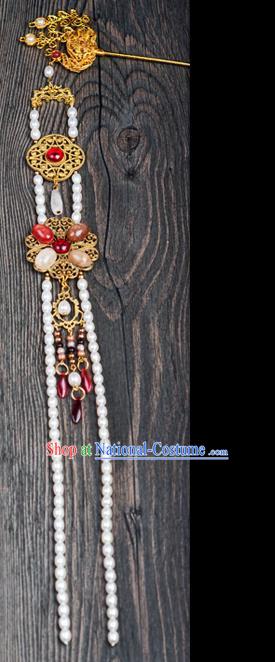 Chinese Ancient Queen Pearls Tassel Hair Stick Traditional Ming Dynasty Empress Golden Phoenix Hairpin