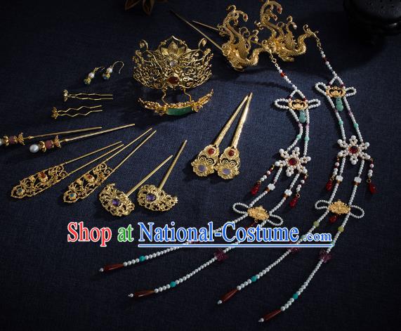 Chinese Ancient Wedding Hair Accessories Traditional Ming Dynasty Empress Hair Crown and Golden Phoenix Tassel Hairpin