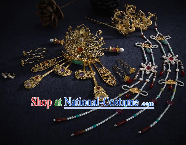 Chinese Ancient Wedding Hair Accessories Traditional Ming Dynasty Empress Hair Crown and Golden Phoenix Tassel Hairpin