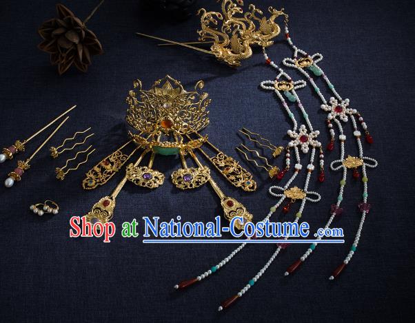 Chinese Ancient Wedding Hair Accessories Traditional Ming Dynasty Empress Hair Crown and Golden Phoenix Tassel Hairpin