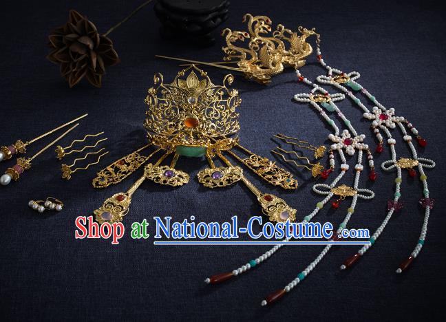 Chinese Ancient Wedding Hair Accessories Traditional Ming Dynasty Empress Hair Crown and Golden Phoenix Tassel Hairpin