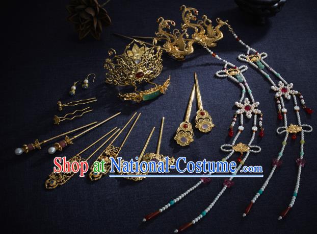 Chinese Ancient Wedding Hair Accessories Traditional Ming Dynasty Empress Hair Crown and Golden Phoenix Tassel Hairpin