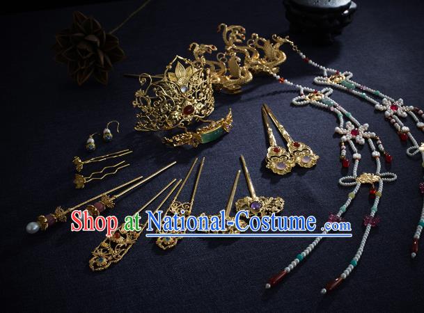 Chinese Ancient Wedding Hair Accessories Traditional Ming Dynasty Empress Hair Crown and Golden Phoenix Tassel Hairpin