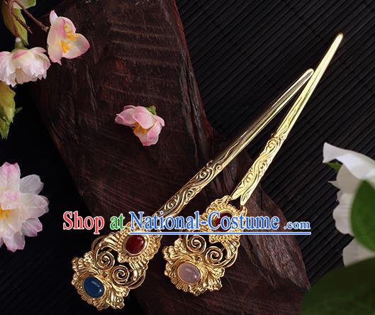 Chinese Ancient Palace Queen Ruby Hairpin Traditional Ming Dynasty Empress Golden Hair Stick