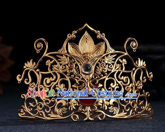 Chinese Ancient Queen Hair Accessories Traditional Ming Dynasty Empress Golden Lotus Hair Crown